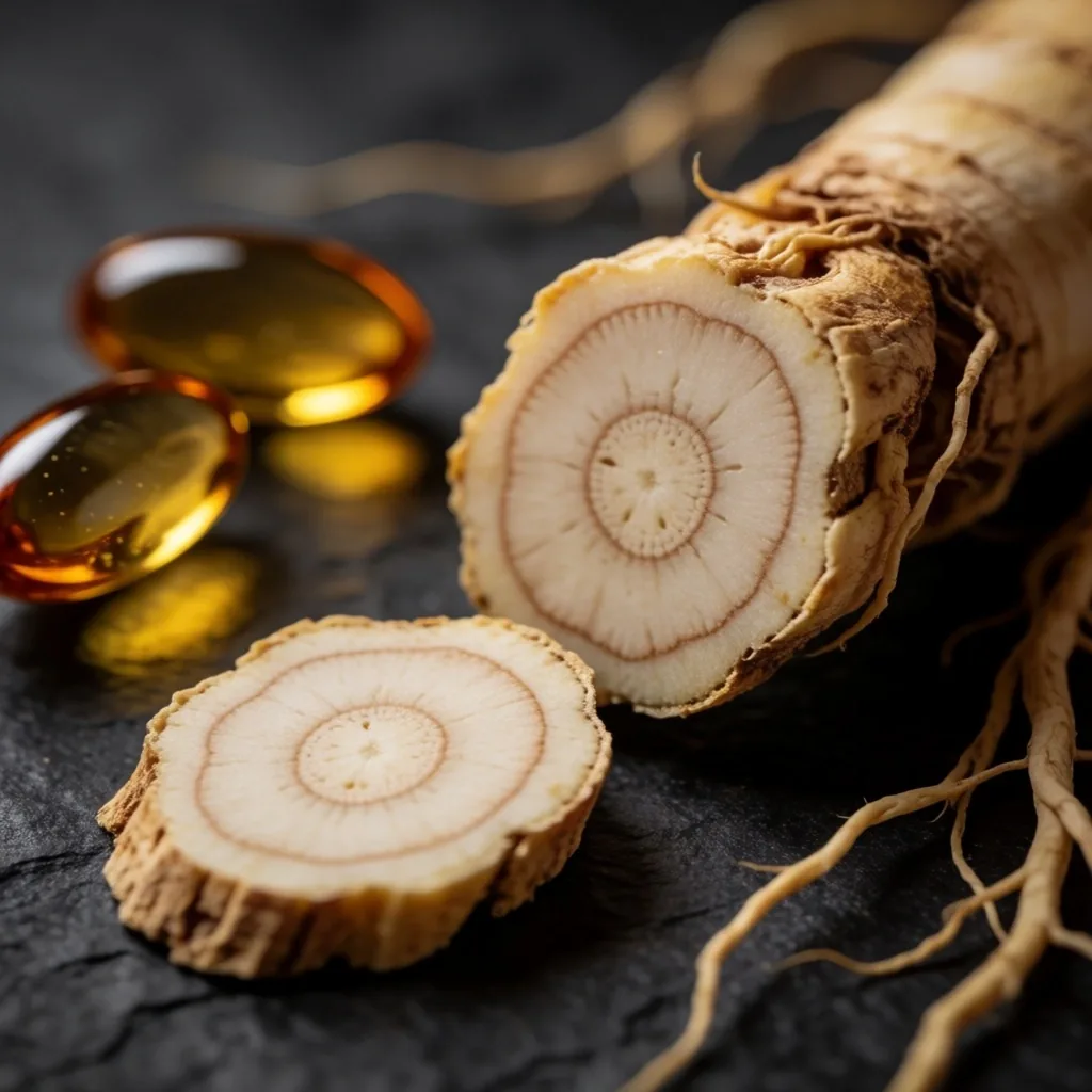 Ginseng root and supplement capsules on stone