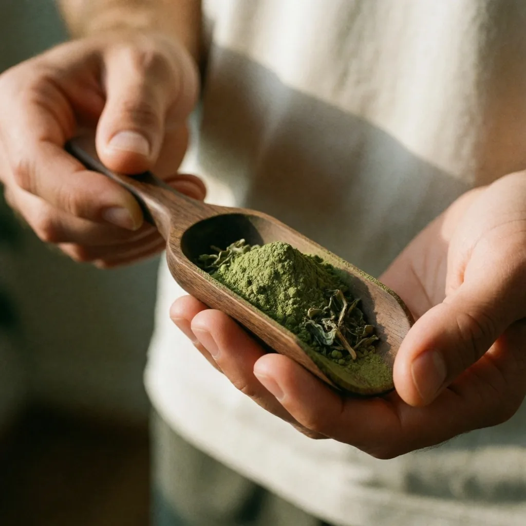 Hands holding green tea powder and leaves