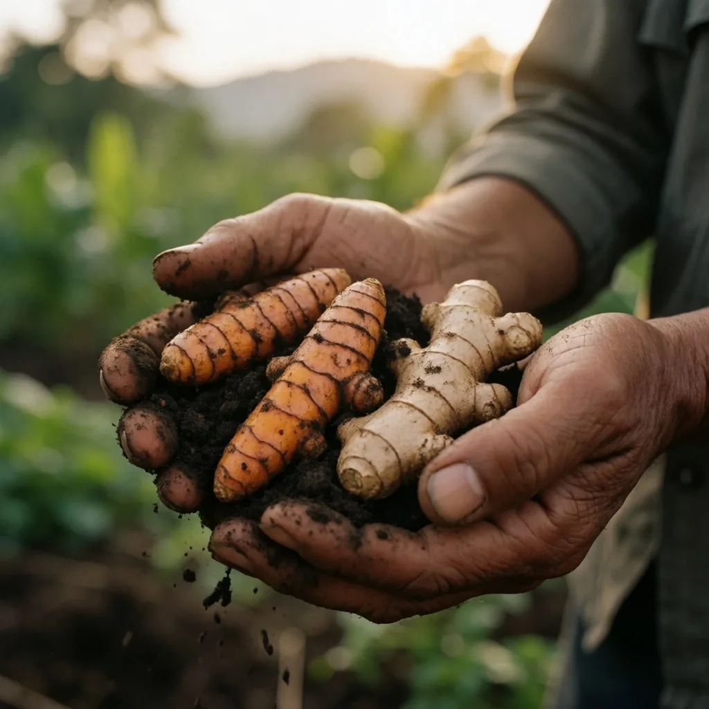 Hands holding freshly harvested turmeric and ginger roots