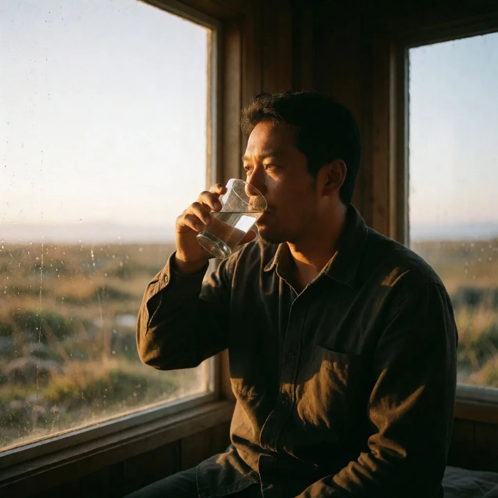 Man drinking water at dawn