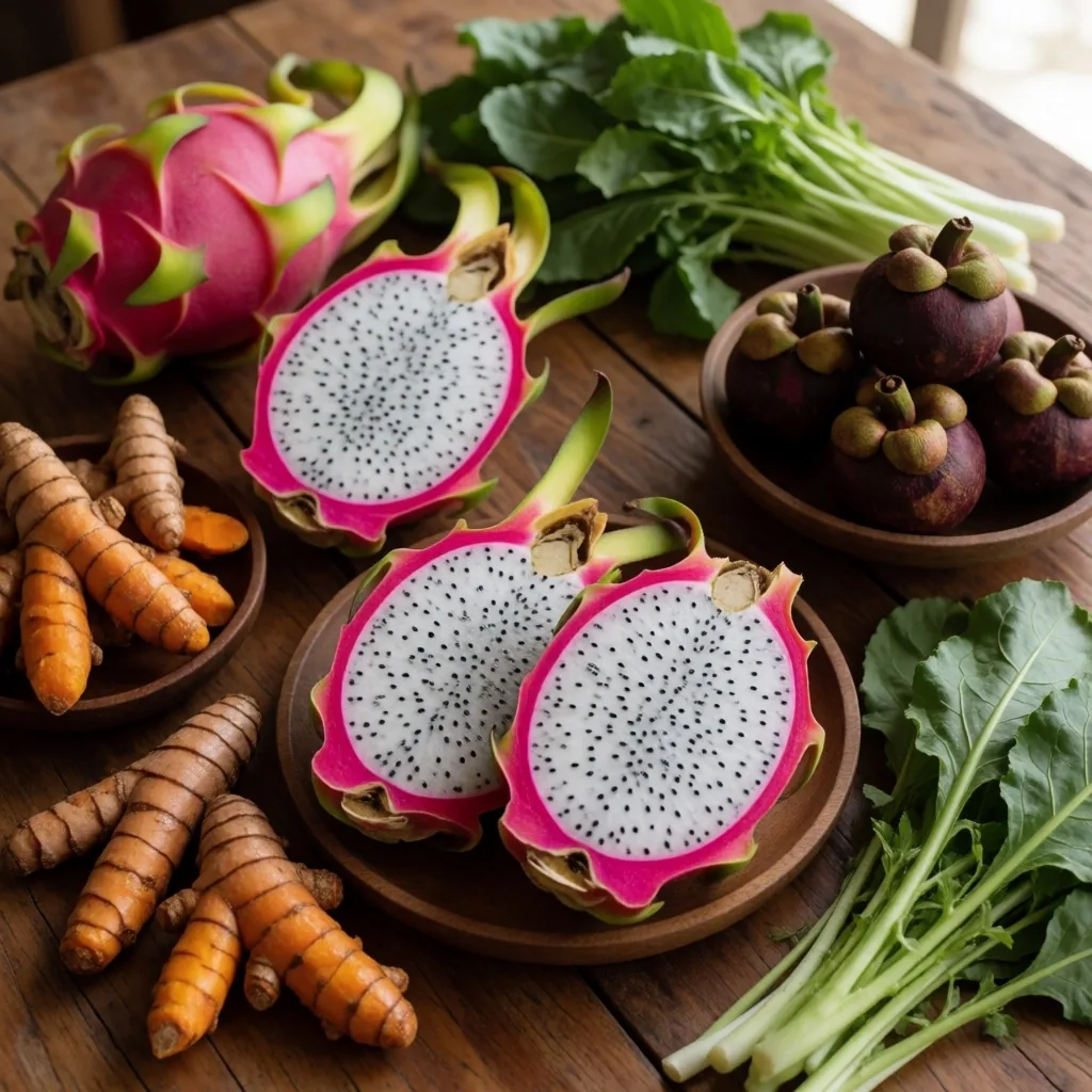 Tropical Indonesian fruits and vegetables on wooden surface